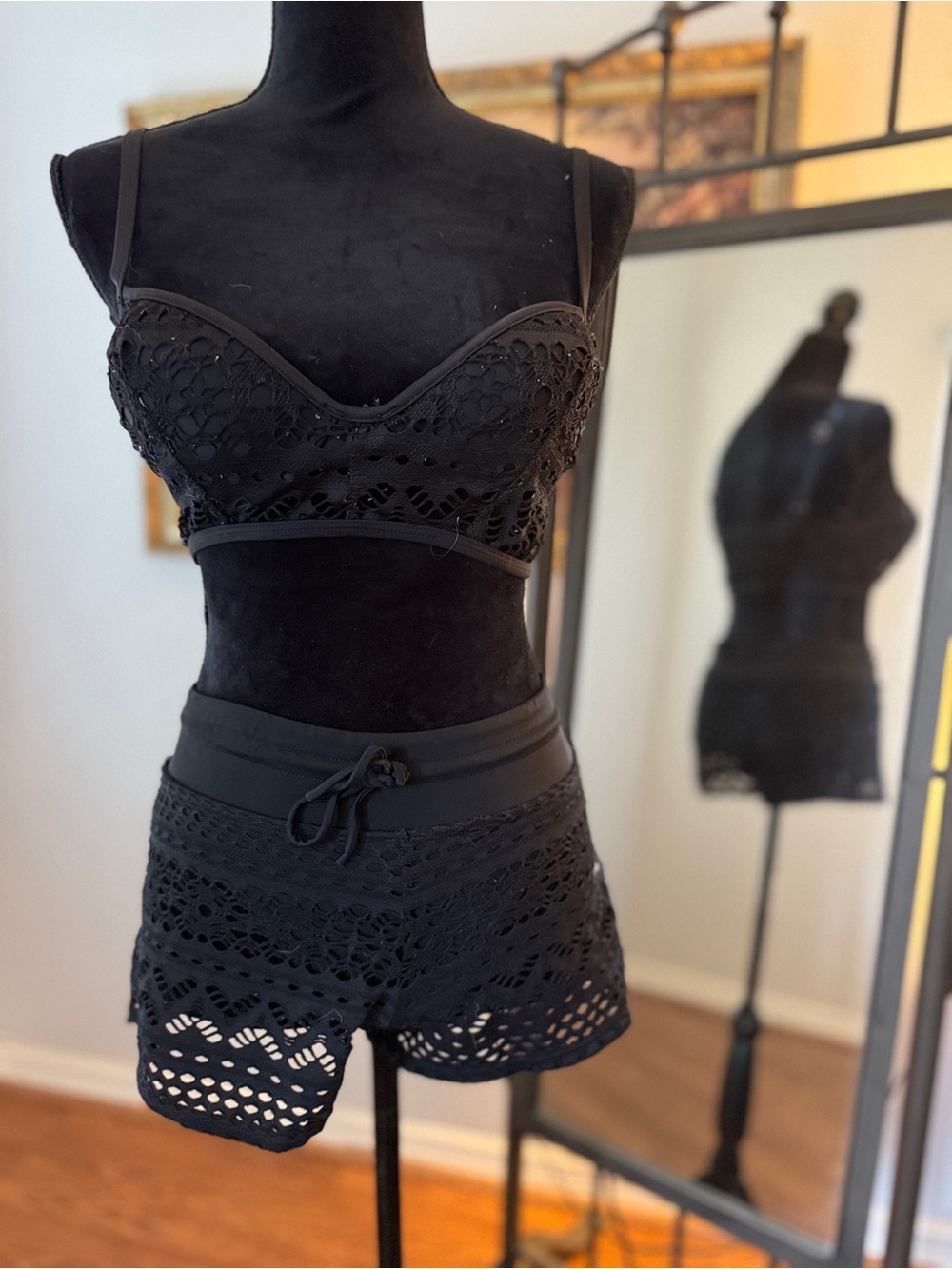 Black Crochet Bikini Top & Shorts Set - Women Intimates